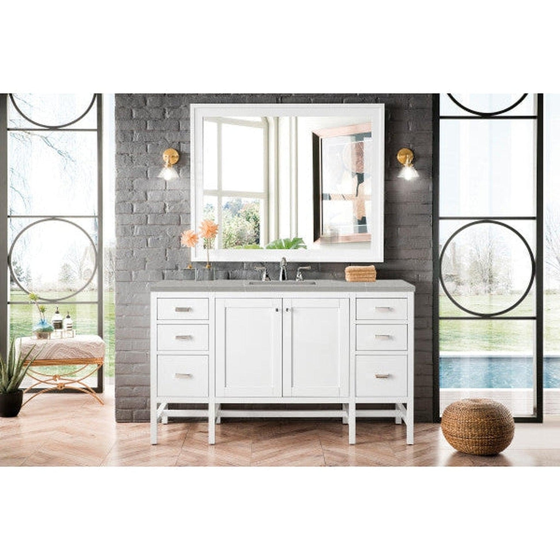 James Martin Addison 60" Single Glossy White Bathroom Vanity With 1" Eternal Serena Quartz Top and Rectangular Ceramic Sink