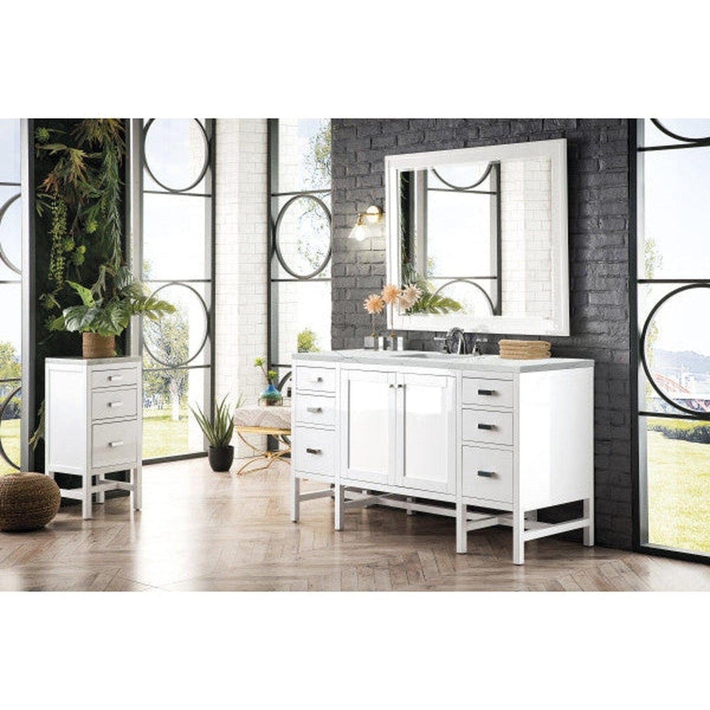 James Martin Addison 60" Single Glossy White Bathroom Vanity With 1" Ethereal Noctis Quartz Top and Rectangular Ceramic Sink