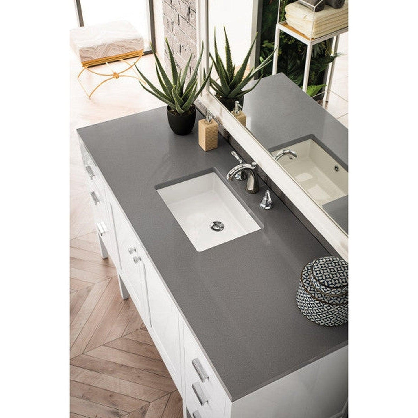 James Martin Addison 60" Single Glossy White Bathroom Vanity With 1" Gray Expo Quartz Top and Rectangular Ceramic Sink