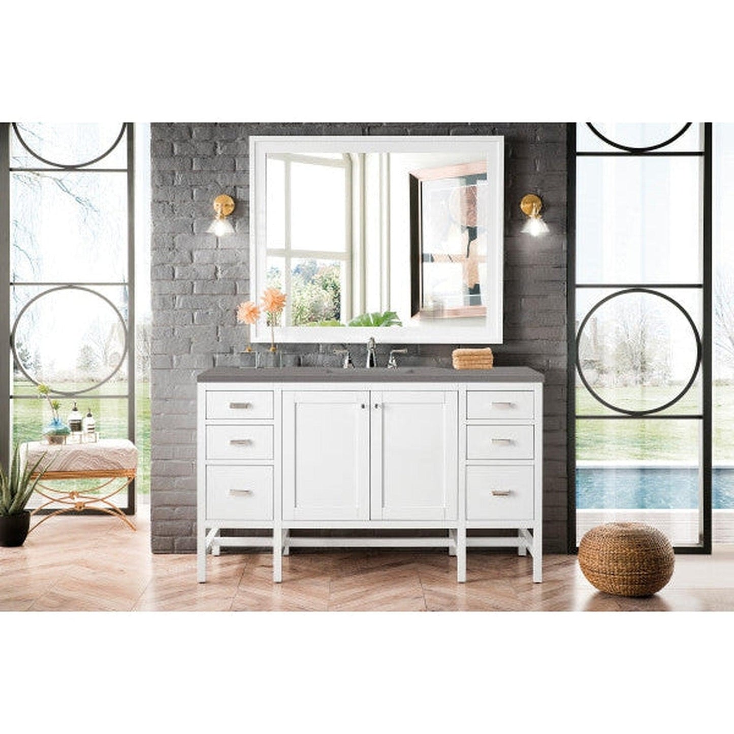 James Martin Addison 60" Single Glossy White Bathroom Vanity With 1" Gray Expo Quartz Top and Rectangular Ceramic Sink