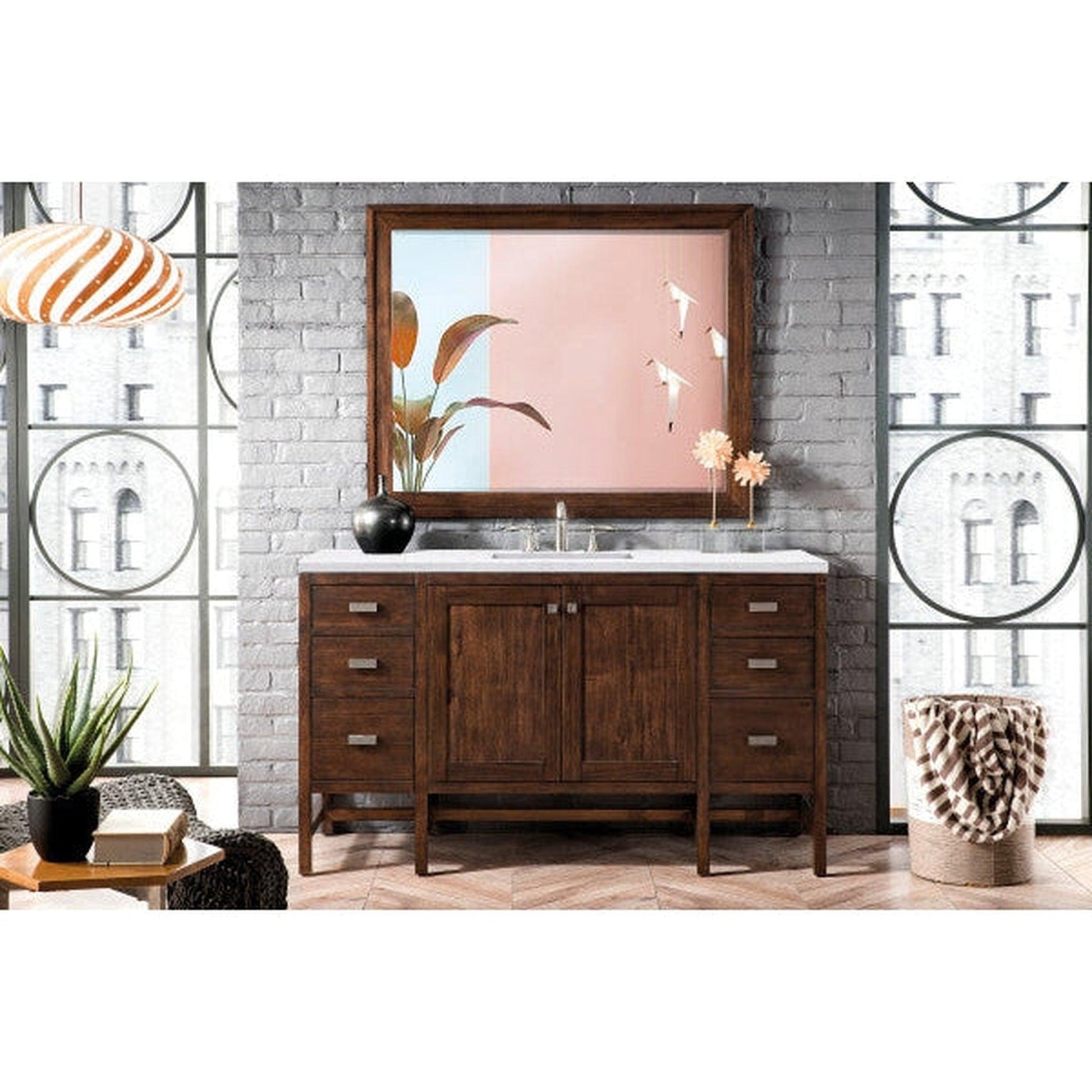 James Martin Addison 60" Single Mid Century Acacia Bathroom Vanity With 1" Arctic Fall Solid Surface Top and Rectangular Ceramic Sink
