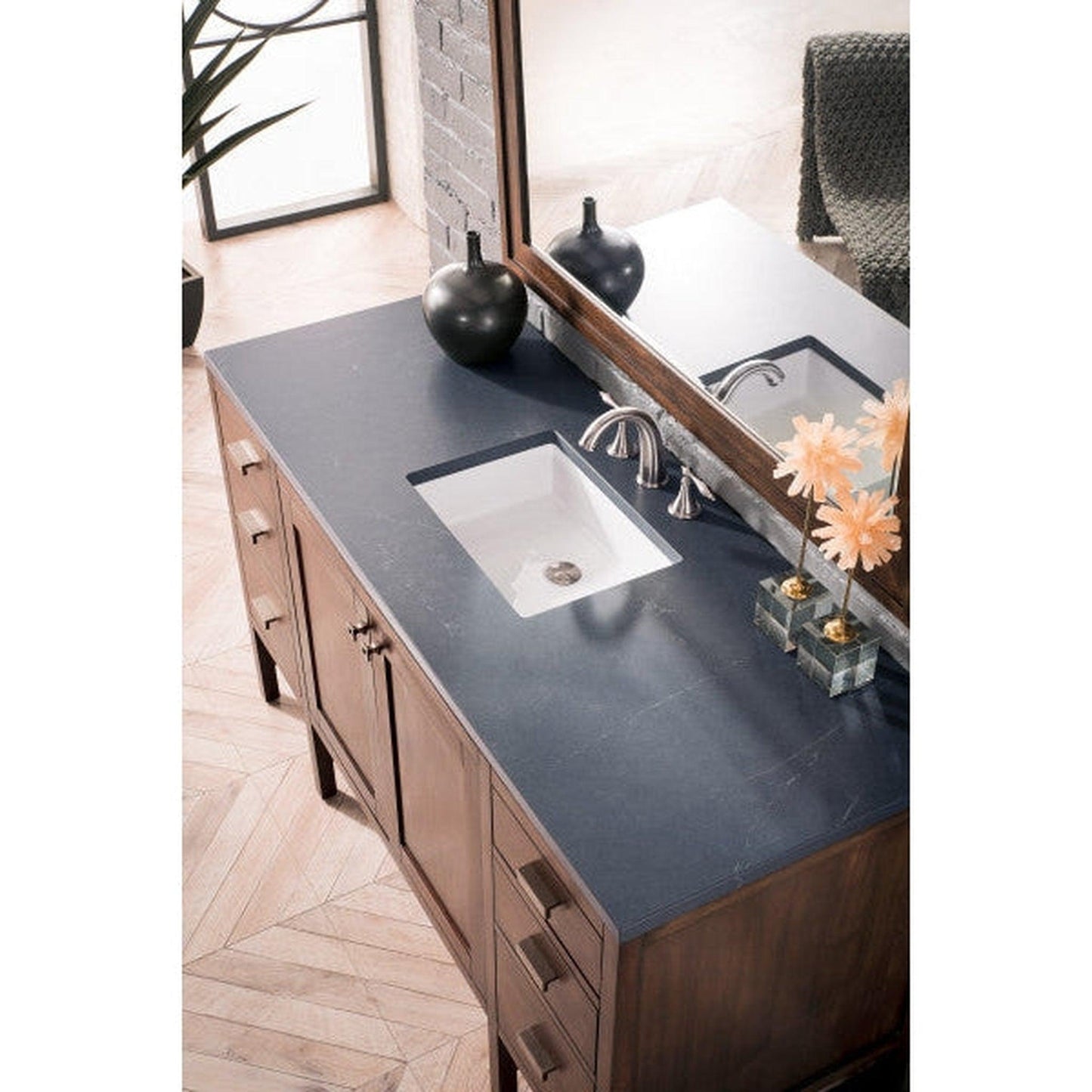 James Martin Addison 60" Single Mid Century Acacia Bathroom Vanity With 1" Charcoal Soapstone Quartz Top and Rectangular Ceramic Sink