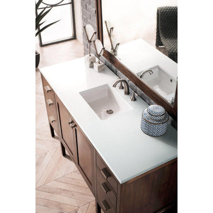 James Martin Addison 60" Single Mid Century Acacia Bathroom Vanity With 1" Classic White Quartz Top and Rectangular Ceramic Sink