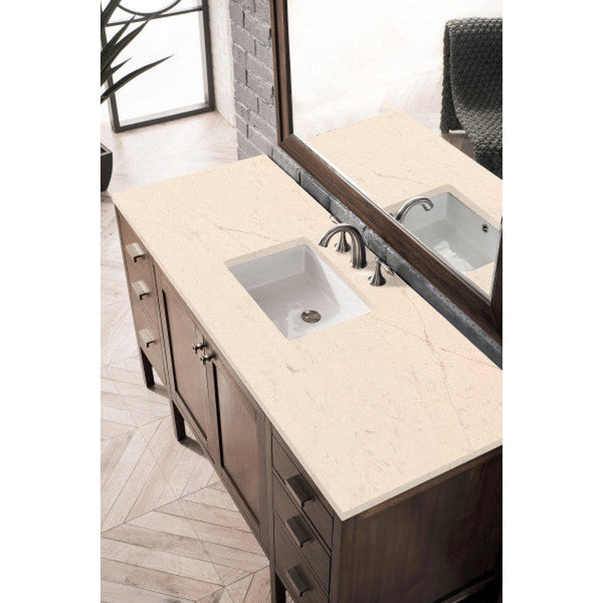 James Martin Addison 60" Single Mid Century Acacia Bathroom Vanity With 1" Eternal Marfil Quartz Top and Rectangular Ceramic Sink