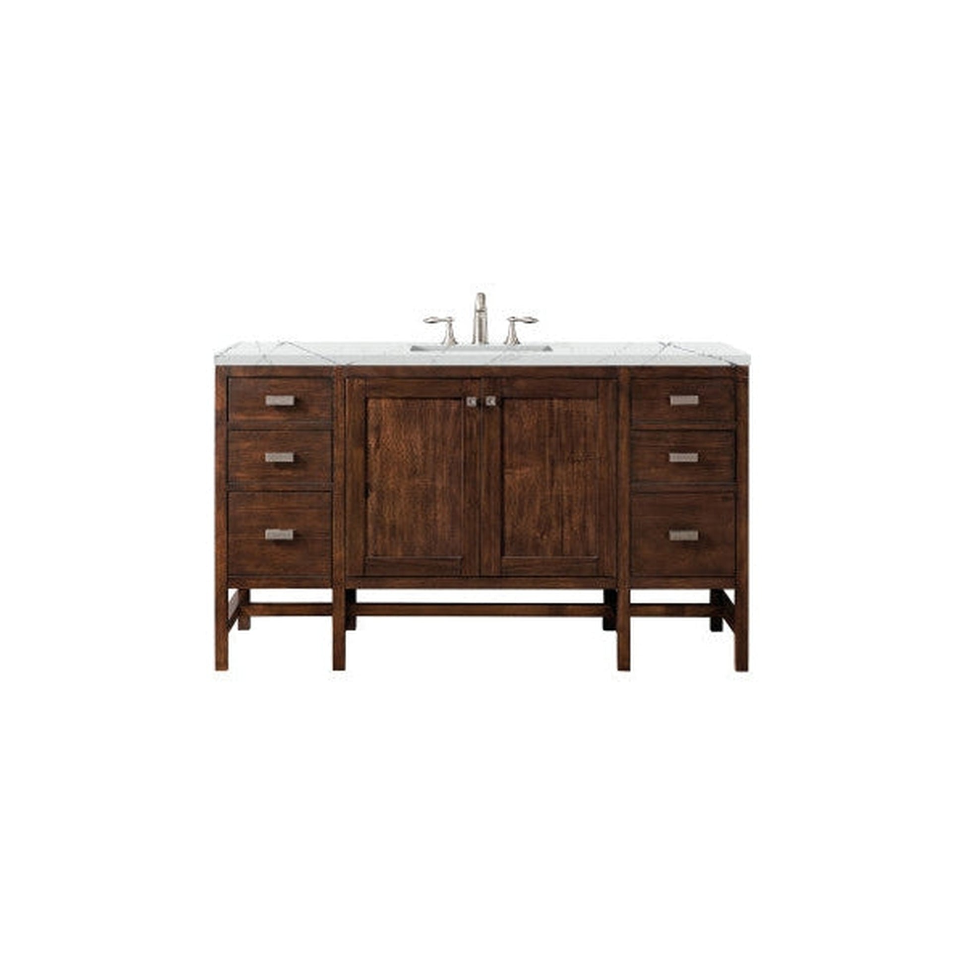 James Martin Addison 60" Single Mid Century Acacia Bathroom Vanity With 1" Ethereal Noctis Quartz Top and Rectangular Ceramic Sink