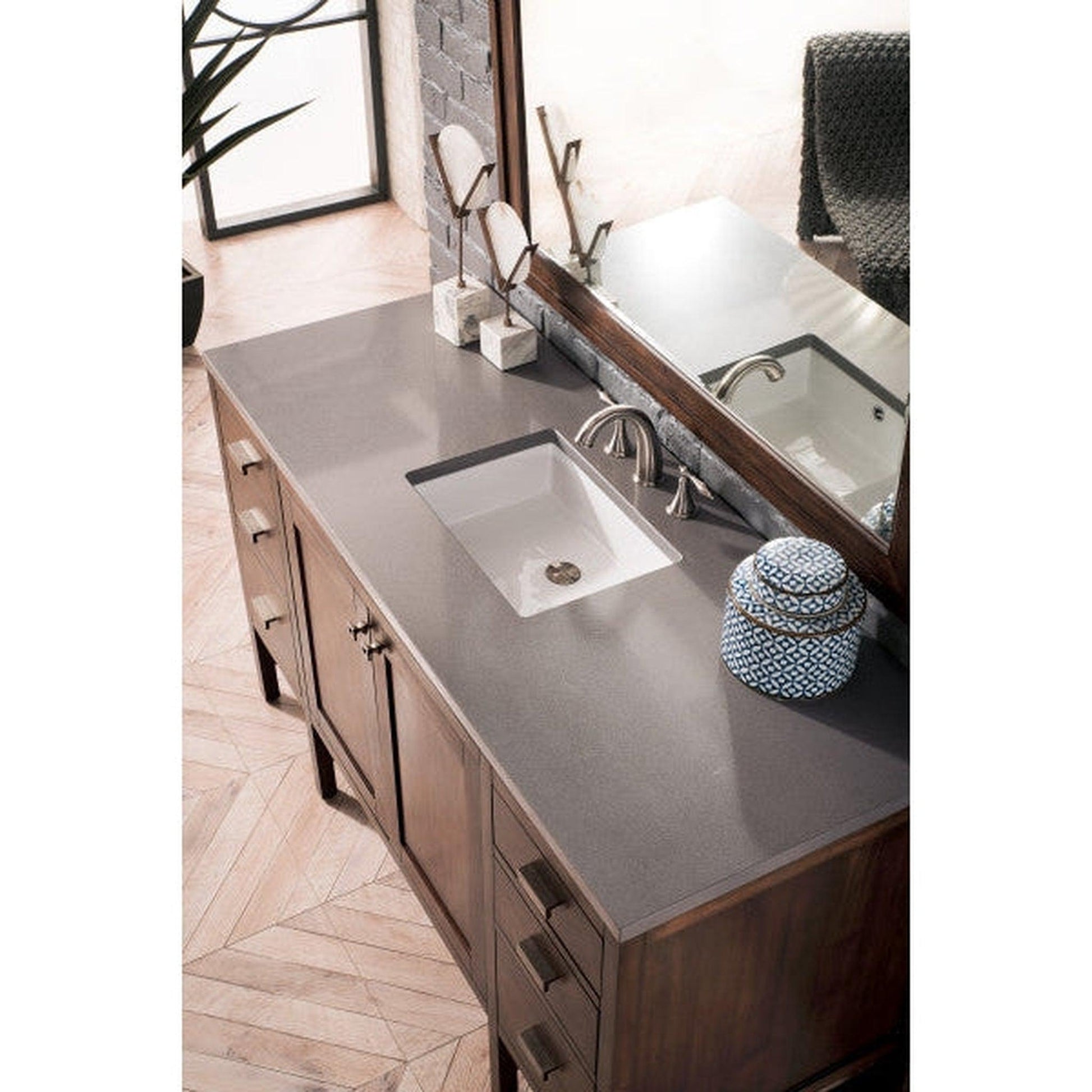 James Martin Addison 60" Single Mid Century Acacia Bathroom Vanity With 1" Gray Expo Quartz Top and Rectangular Ceramic Sink