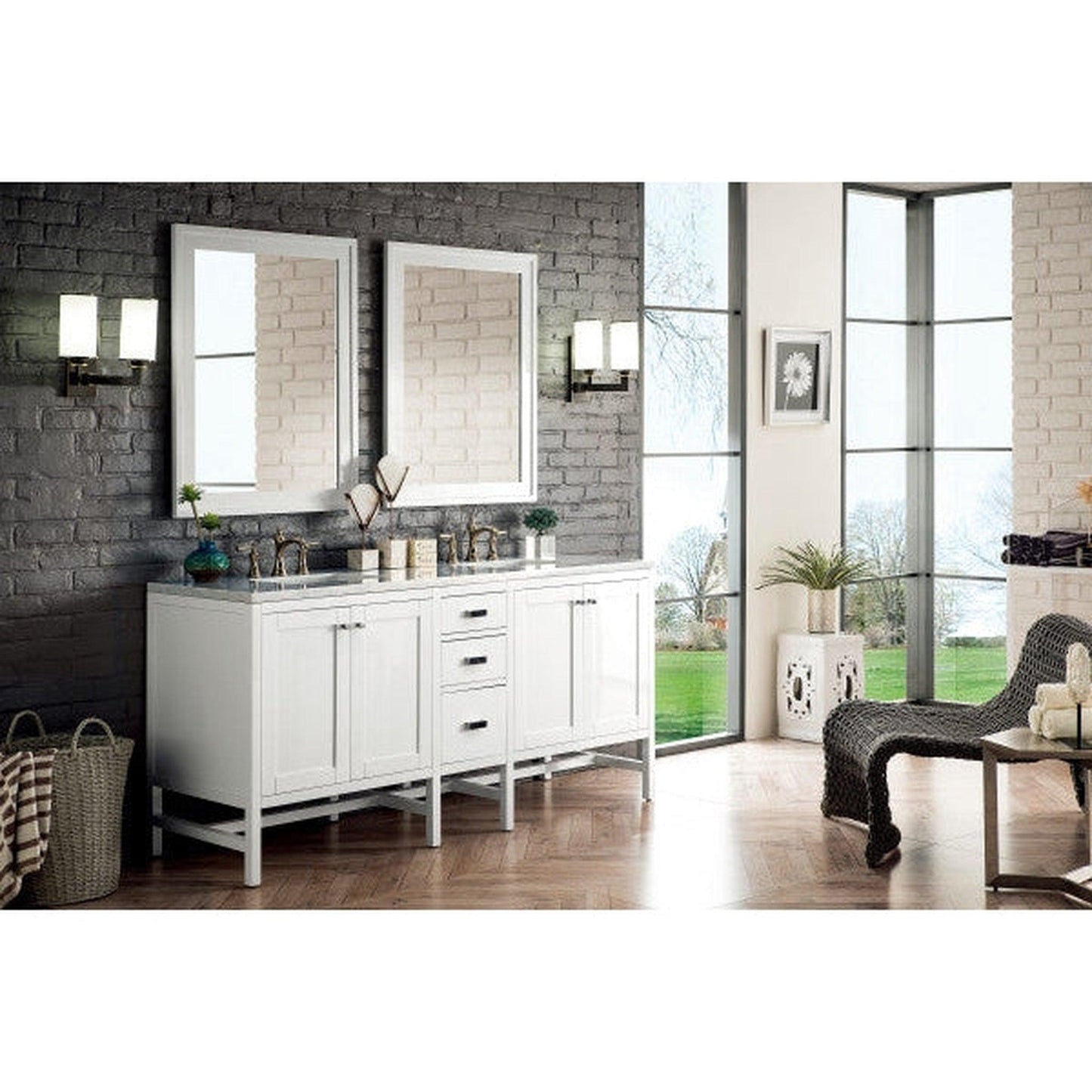 James Martin Addison 72" Double Glossy White Bathroom Vanity With 1" Arctic Fall Solid Surface Top and Rectangular Ceramic Sink