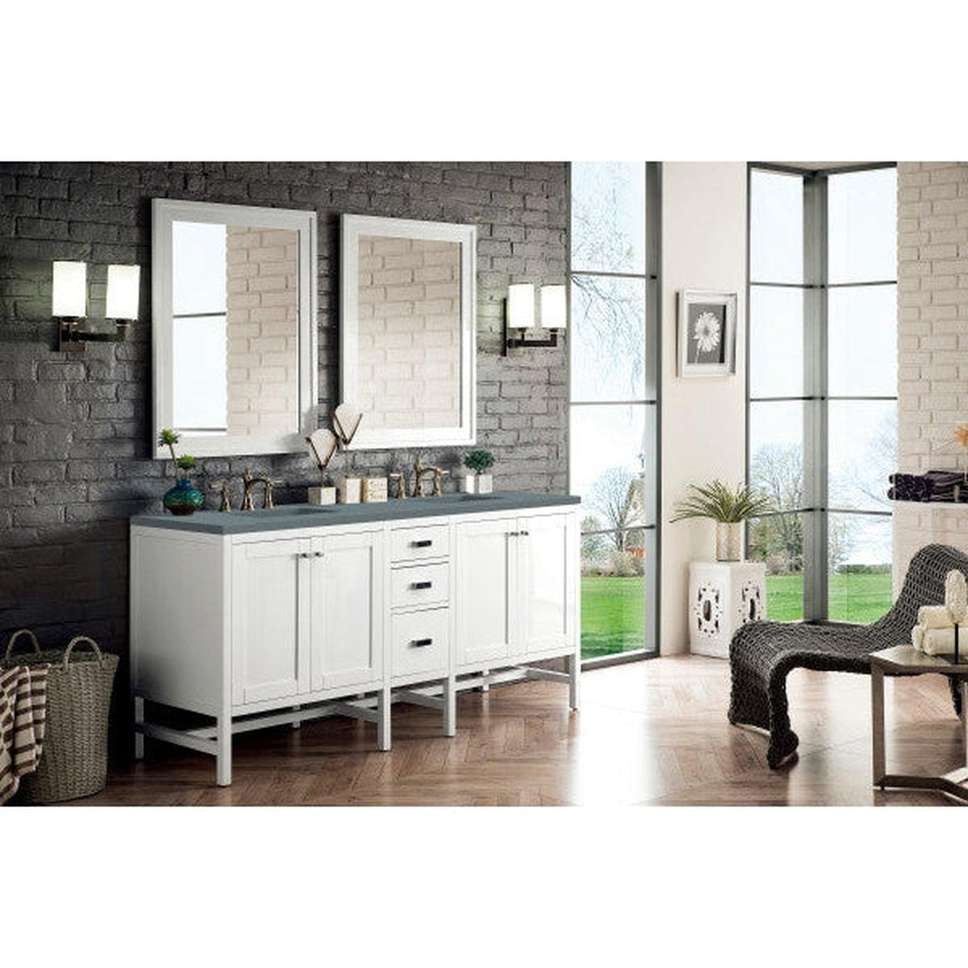 James Martin Addison 72" Double Glossy White Bathroom Vanity With 1" Cala Blue Quartz Top and Rectangular Ceramic Sink