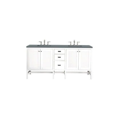 James Martin Addison 72" Double Glossy White Bathroom Vanity With 1" Cala Blue Quartz Top and Rectangular Ceramic Sink