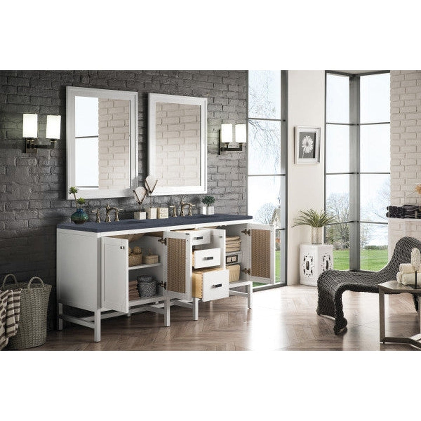 James Martin Addison 72" Double Glossy White Bathroom Vanity With 1" Charcoal Soapstone Quartz Top and Rectangular Ceramic Sink