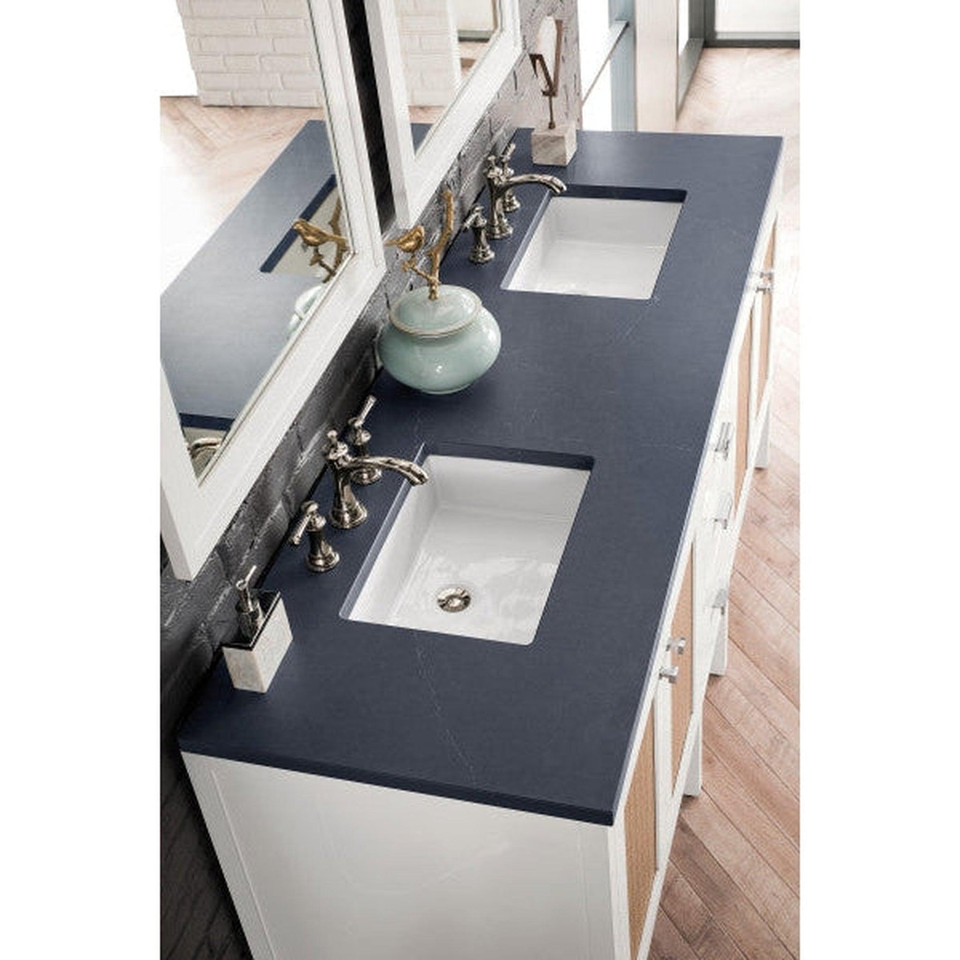 James Martin Addison 72" Double Glossy White Bathroom Vanity With 1" Charcoal Soapstone Quartz Top and Rectangular Ceramic Sink