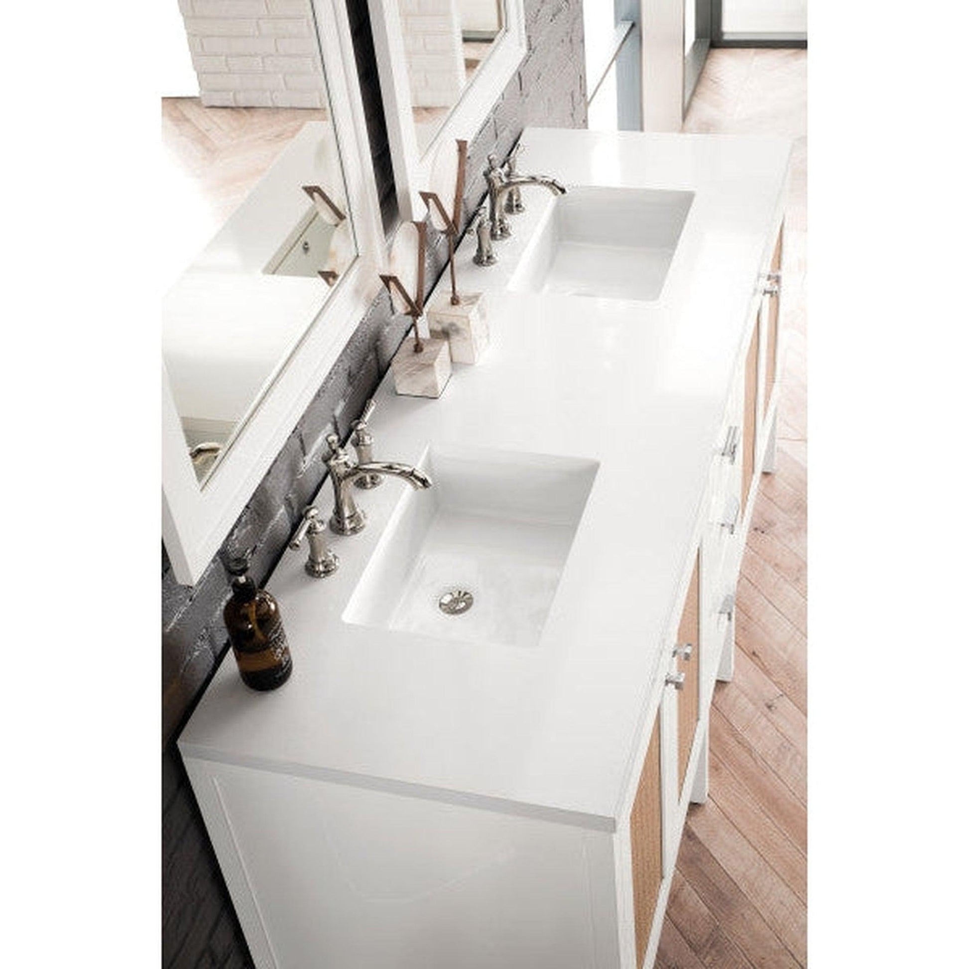 James Martin Addison 72" Double Glossy White Bathroom Vanity With 1" Classic White Quartz Top and Rectangular Ceramic Sink