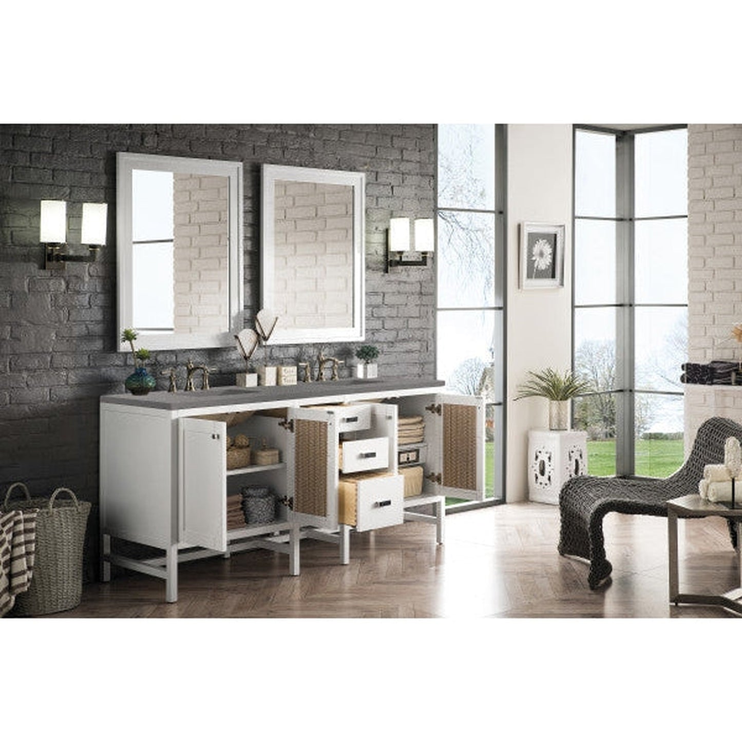 James Martin Addison 72" Double Glossy White Bathroom Vanity With 1" Gray Expo Quartz Top and Rectangular Ceramic Sink