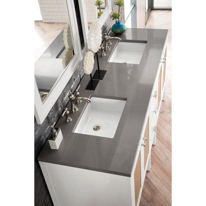 James Martin Addison 72" Double Glossy White Bathroom Vanity With 1" Gray Expo Quartz Top and Rectangular Ceramic Sink