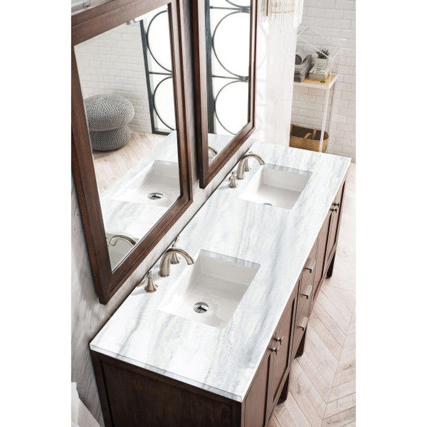James Martin Addison 72" Double Mid Century Acacia Bathroom Vanity With 1" Arctic Fall Solid Surface Top and Rectangular Ceramic Sink