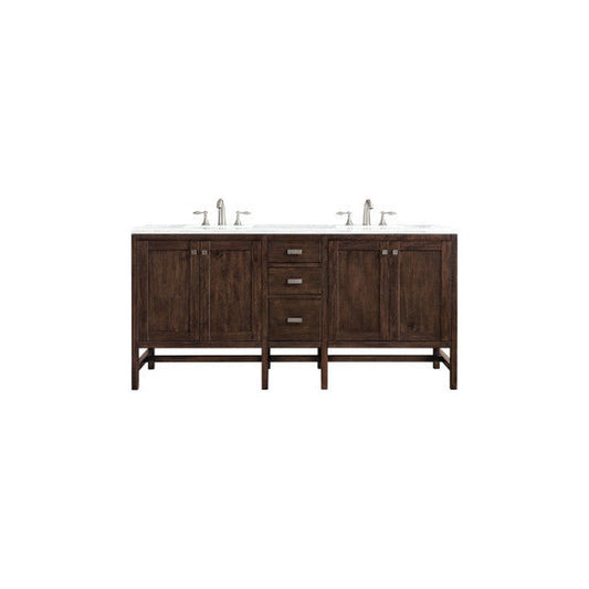 James Martin Addison 72" Double Mid Century Acacia Bathroom Vanity With 1" Arctic Fall Solid Surface Top and Rectangular Ceramic Sink