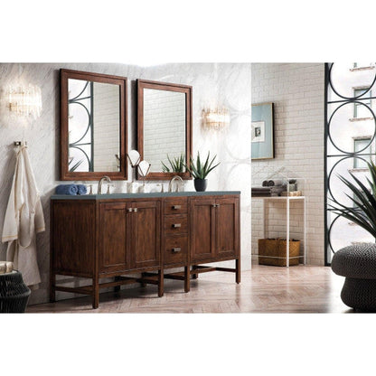 James Martin Addison 72" Double Mid Century Acacia Bathroom Vanity With 1" Cala Blue Quartz Top and Rectangular Ceramic Sink