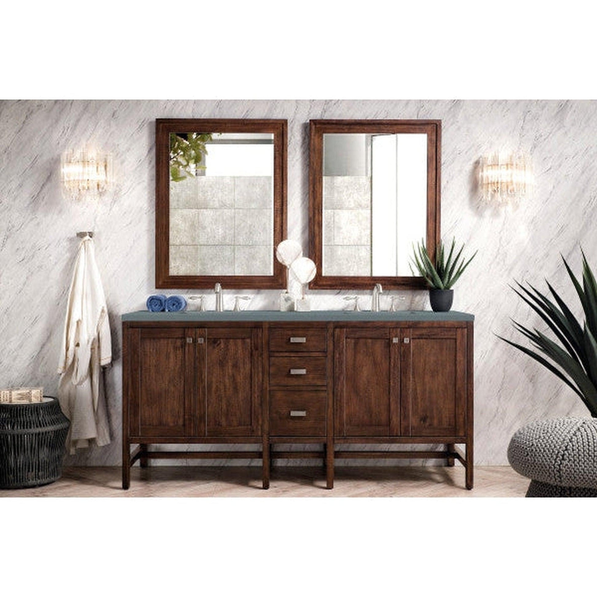 James Martin Addison 72" Double Mid Century Acacia Bathroom Vanity With 1" Cala Blue Quartz Top and Rectangular Ceramic Sink