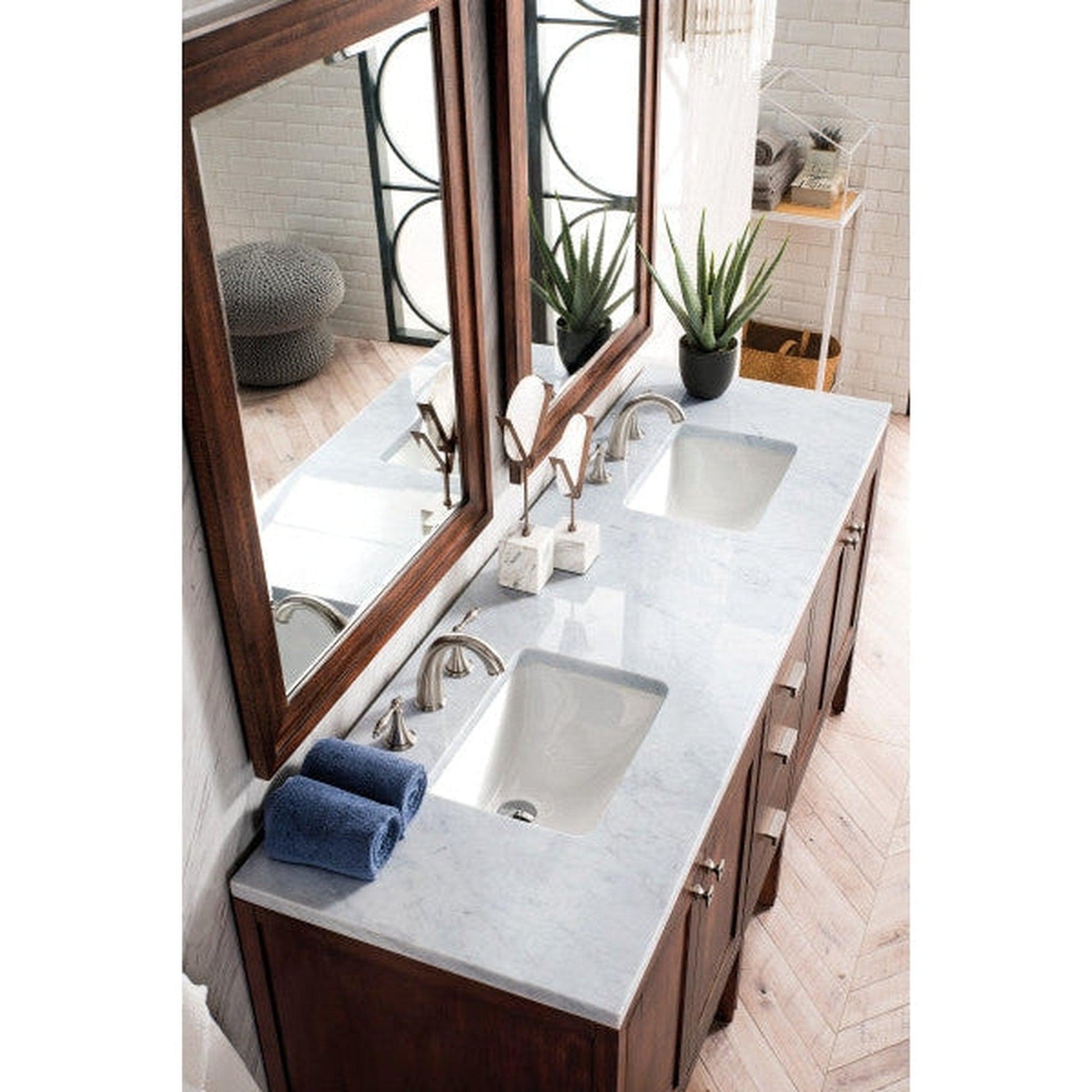 James Martin Addison 72" Double Mid Century Acacia Bathroom Vanity With 1" Carrara White Marble Top and Rectangular Ceramic Sink