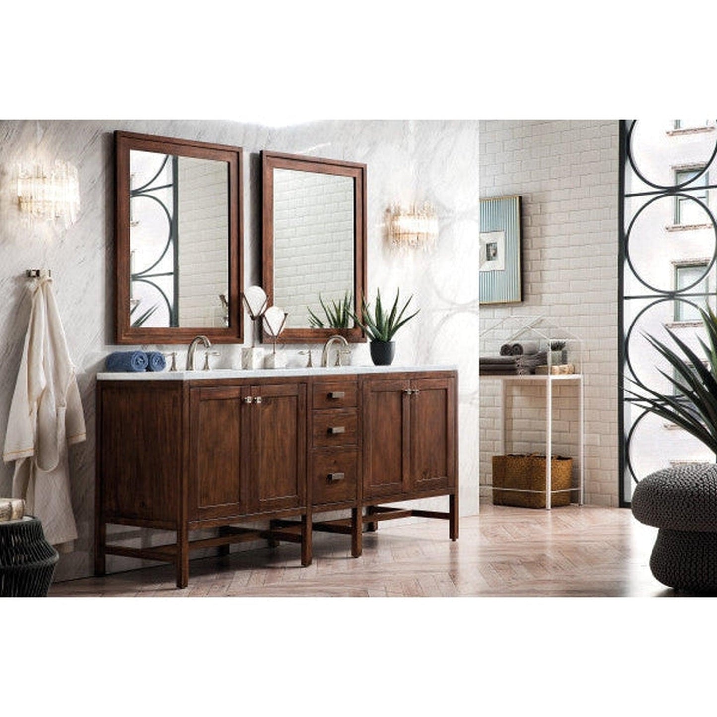 James Martin Addison 72" Double Mid Century Acacia Bathroom Vanity With 1" Carrara White Marble Top and Rectangular Ceramic Sink