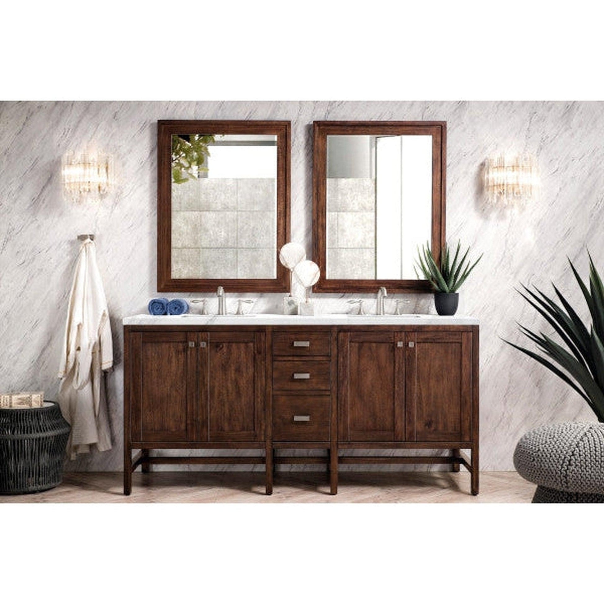 James Martin Addison 72" Double Mid Century Acacia Bathroom Vanity With 1" Carrara White Marble Top and Rectangular Ceramic Sink