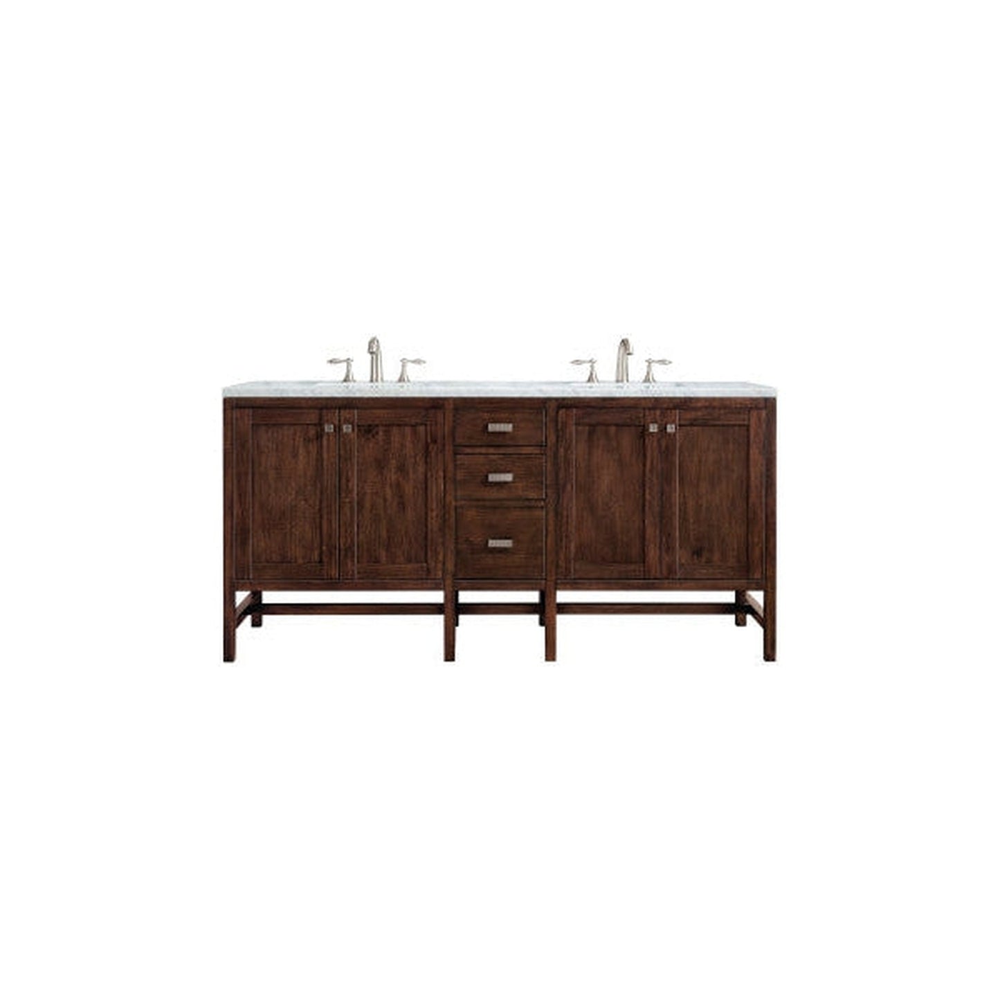 James Martin Addison 72" Double Mid Century Acacia Bathroom Vanity With 1" Carrara White Marble Top and Rectangular Ceramic Sink