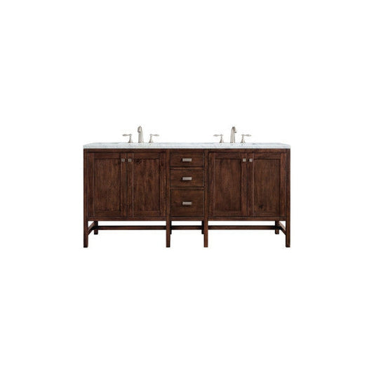 James Martin Addison 72" Double Mid Century Acacia Bathroom Vanity With 1" Carrara White Marble Top and Rectangular Ceramic Sink