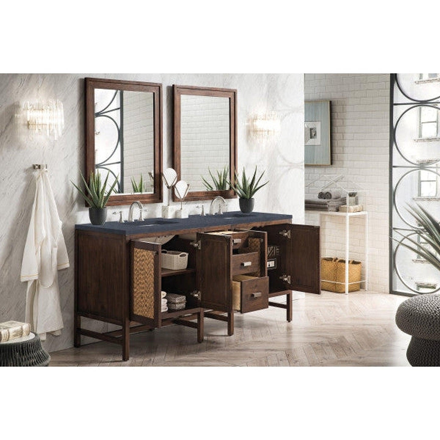 James Martin Addison 72" Double Mid Century Acacia Bathroom Vanity With 1" Charcoal Soapstone Quartz Top and Rectangular Ceramic Sink