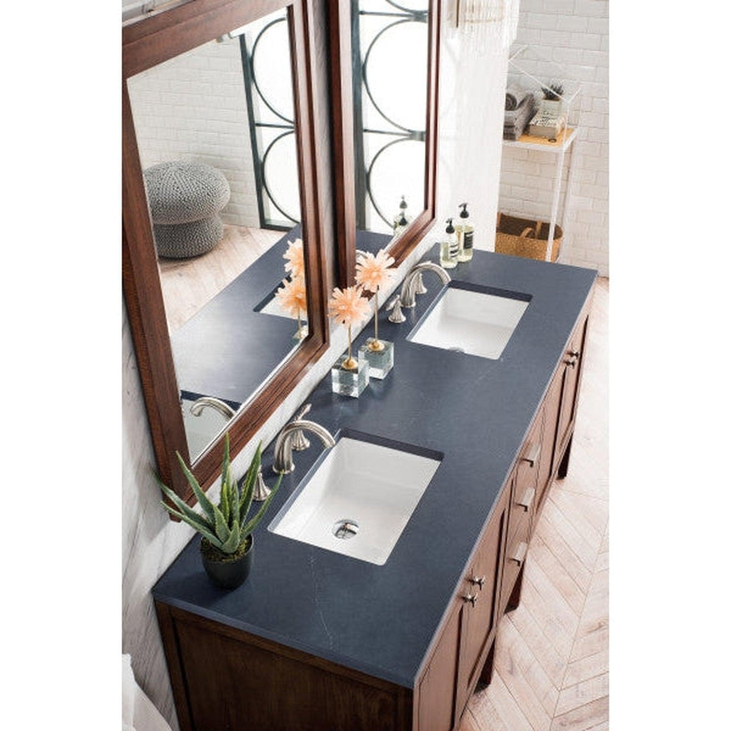 James Martin Addison 72" Double Mid Century Acacia Bathroom Vanity With 1" Charcoal Soapstone Quartz Top and Rectangular Ceramic Sink