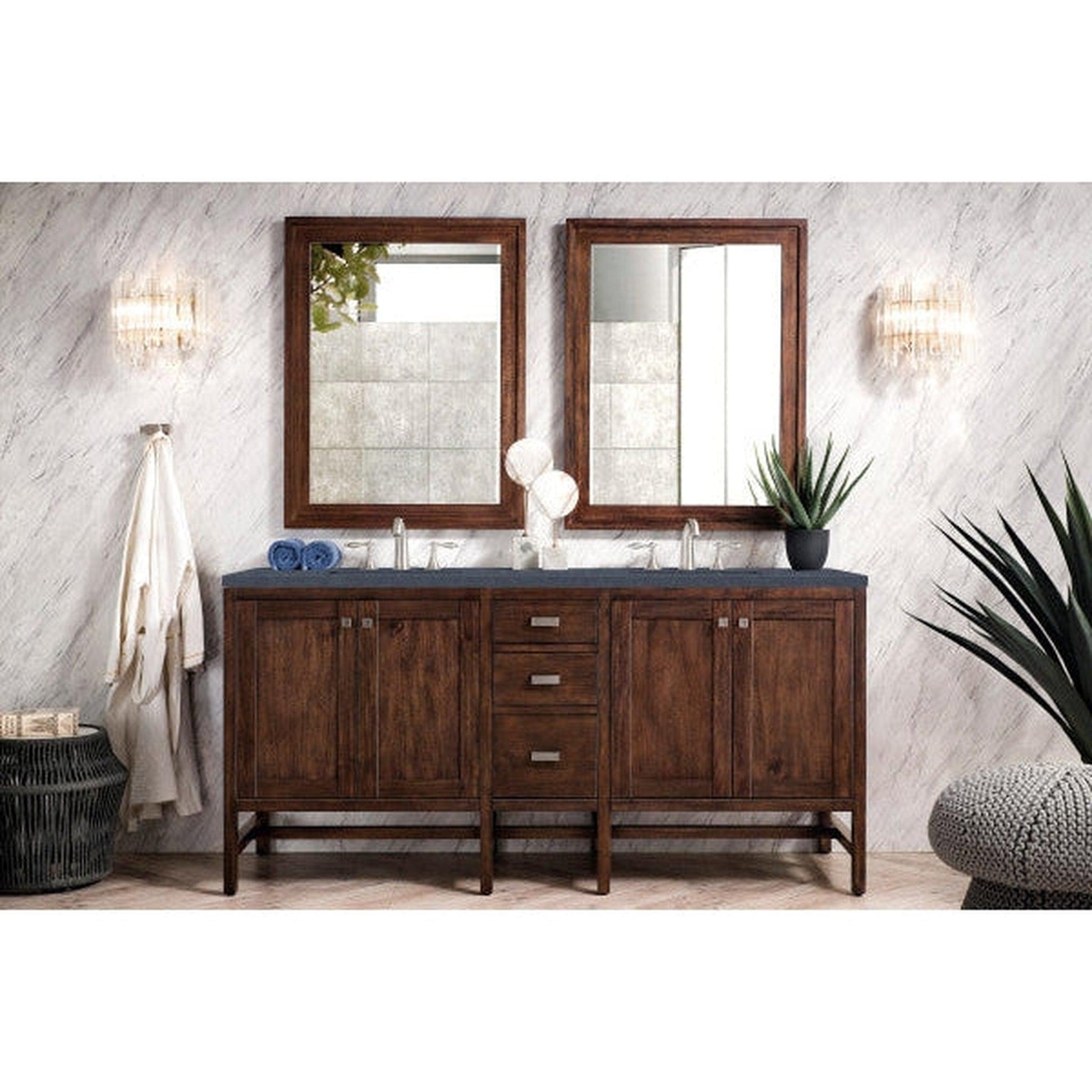 James Martin Addison 72" Double Mid Century Acacia Bathroom Vanity With 1" Charcoal Soapstone Quartz Top and Rectangular Ceramic Sink