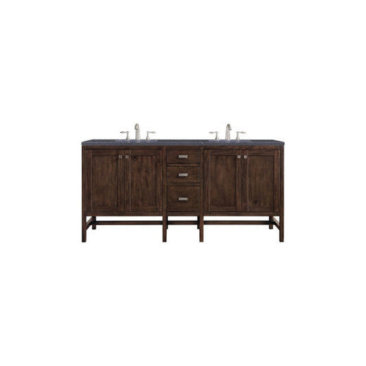 James Martin Addison 72" Double Mid Century Acacia Bathroom Vanity With 1" Charcoal Soapstone Quartz Top and Rectangular Ceramic Sink