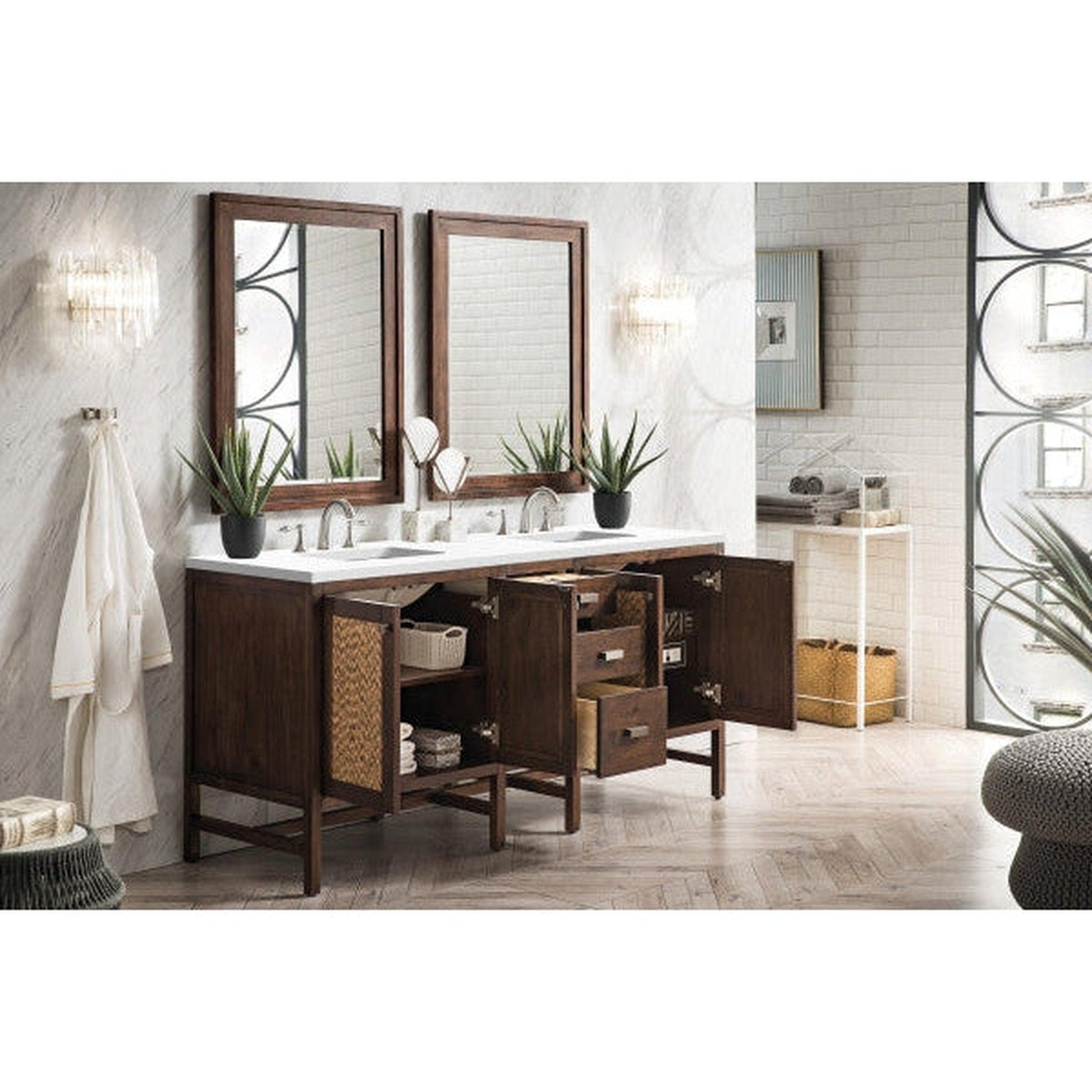 James Martin Addison 72" Double Mid Century Acacia Bathroom Vanity With 1" Classic White Quartz Top and Rectangular Ceramic Sink