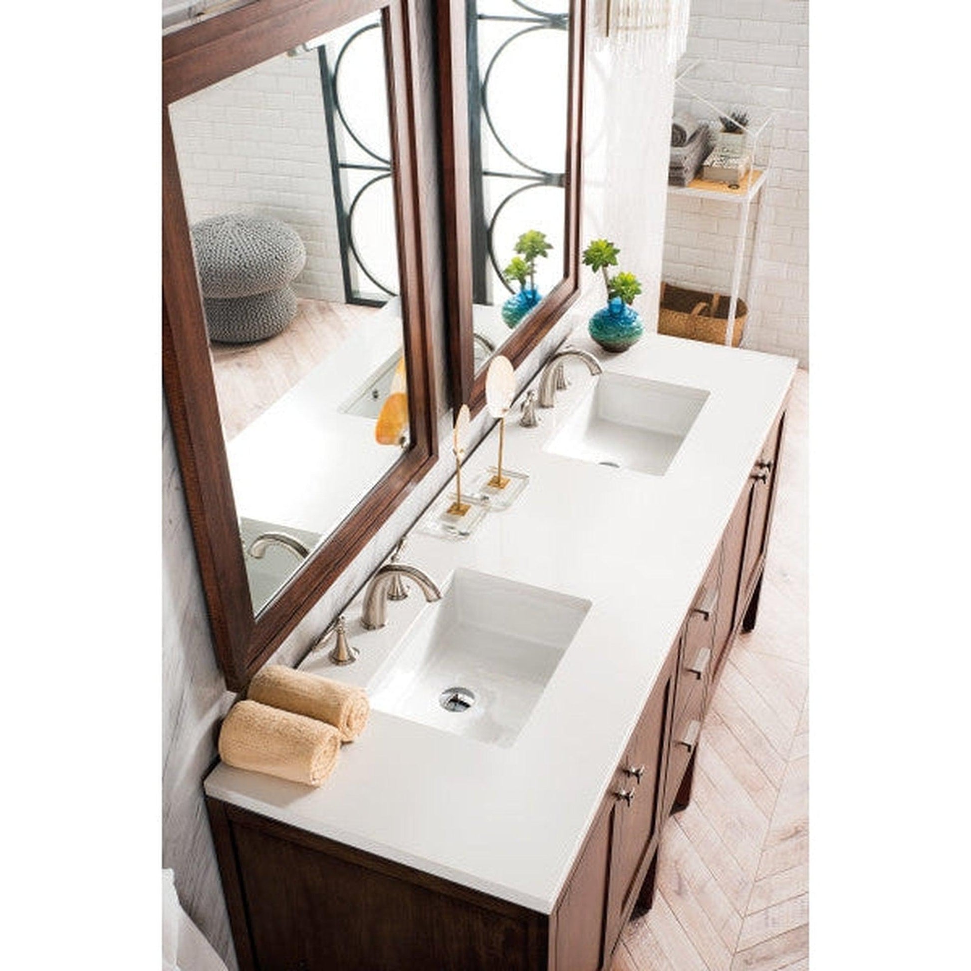 James Martin Addison 72" Double Mid Century Acacia Bathroom Vanity With 1" Classic White Quartz Top and Rectangular Ceramic Sink