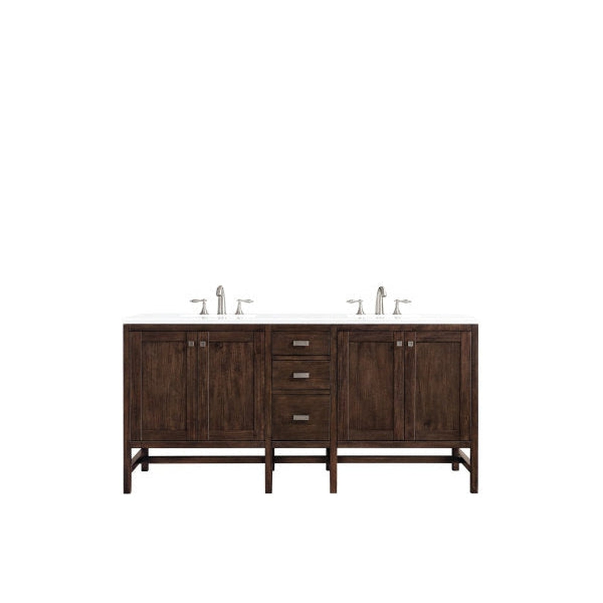 James Martin Addison 72" Double Mid Century Acacia Bathroom Vanity With 1" Classic White Quartz Top and Rectangular Ceramic Sink