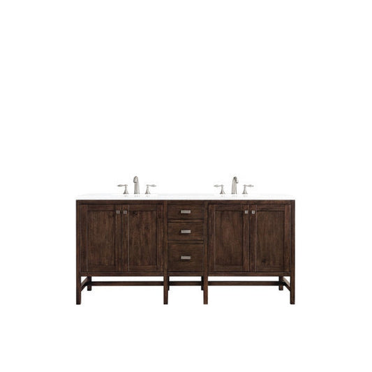 James Martin Addison 72" Double Mid Century Acacia Bathroom Vanity With 1" Classic White Quartz Top and Rectangular Ceramic Sink