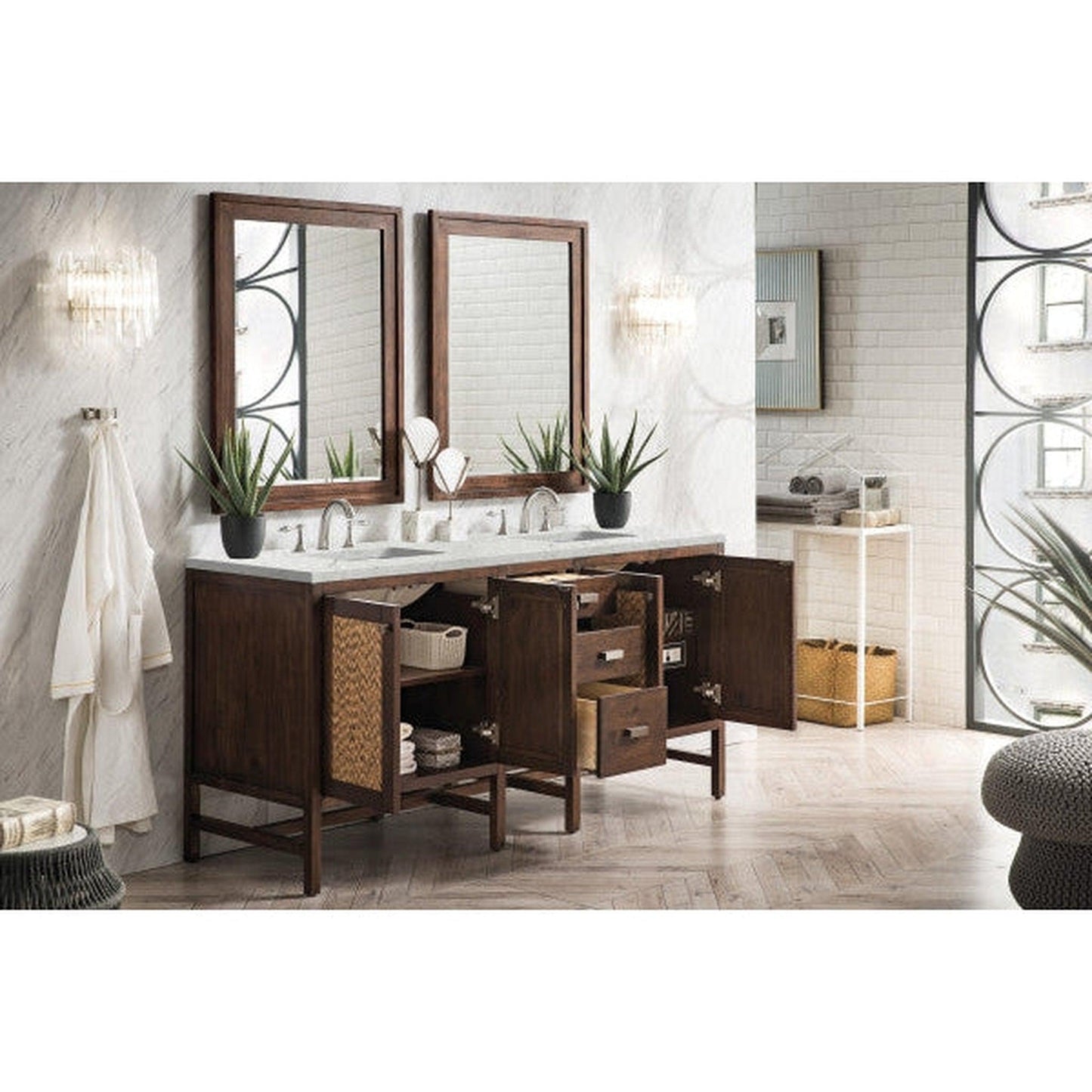 James Martin Addison 72" Double Mid Century Acacia Bathroom Vanity With 1" Eternal Jasmine Pearl Quartz Top and Rectangular Ceramic Sink