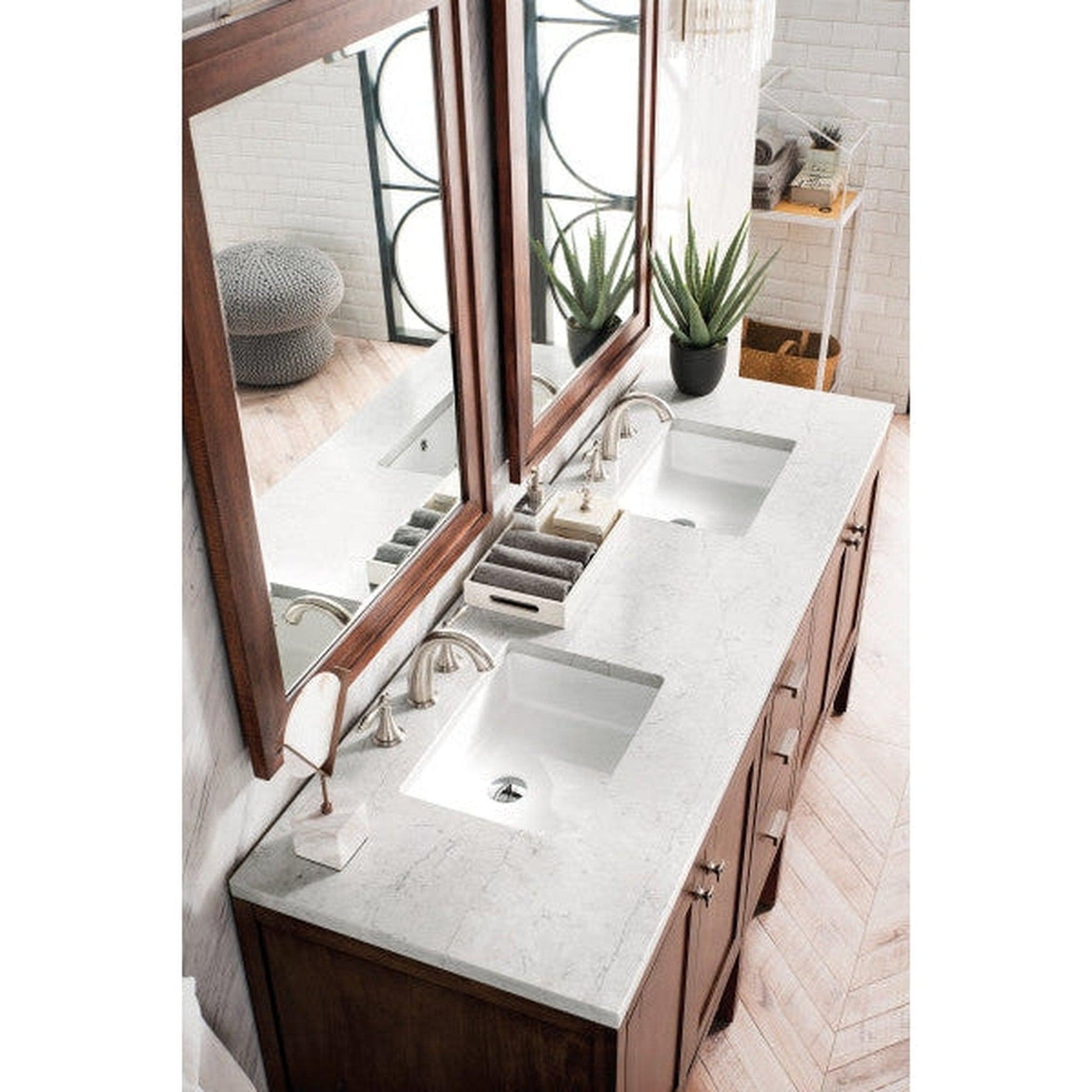 James Martin Addison 72" Double Mid Century Acacia Bathroom Vanity With 1" Eternal Jasmine Pearl Quartz Top and Rectangular Ceramic Sink