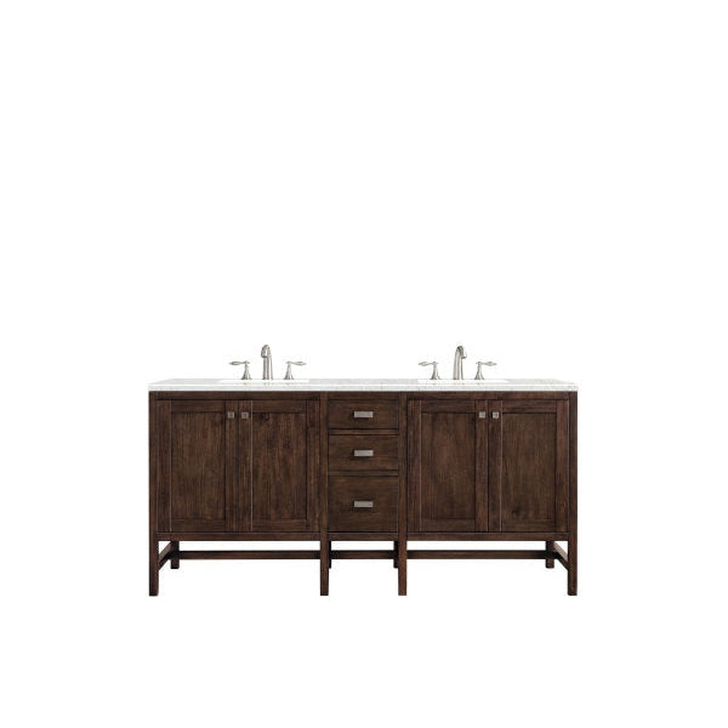 James Martin Addison 72" Double Mid Century Acacia Bathroom Vanity With 1" Eternal Jasmine Pearl Quartz Top and Rectangular Ceramic Sink