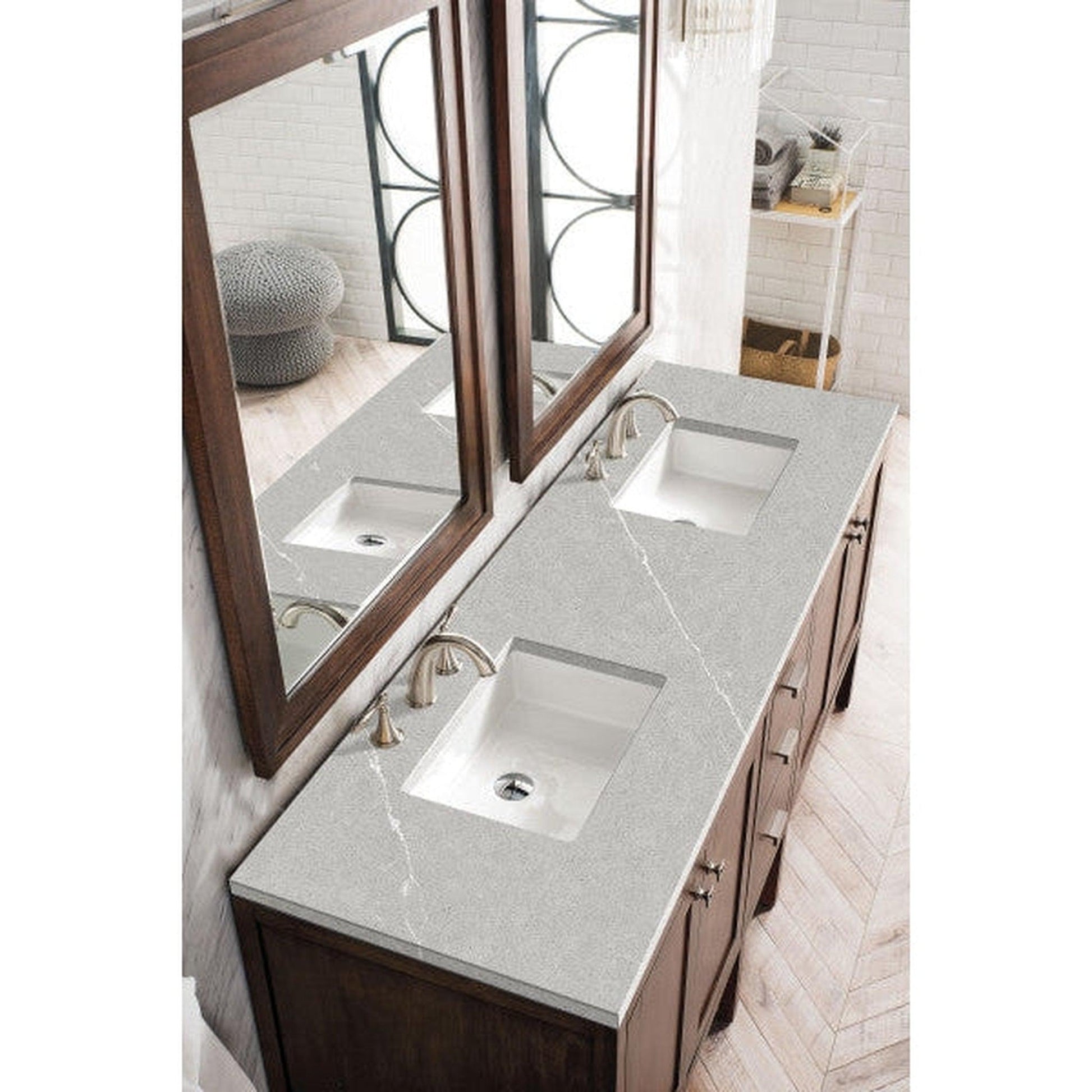 James Martin Addison 72" Double Mid Century Acacia Bathroom Vanity With 1" Eternal Serena Quartz Top and Rectangular Ceramic Sink