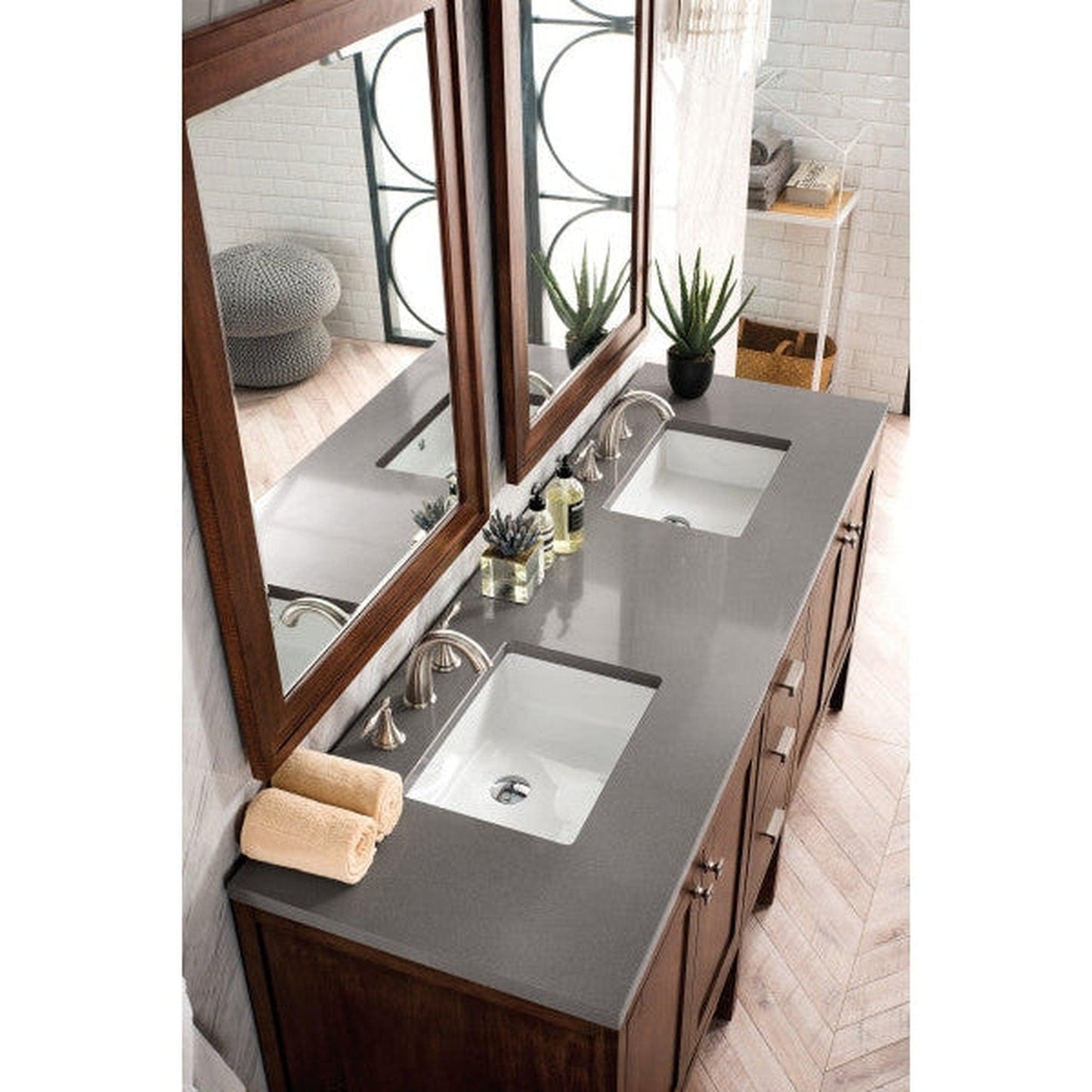 James Martin Addison 72" Double Mid Century Acacia Bathroom Vanity With 1" Gray Expo Quartz Top and Rectangular Ceramic Sink