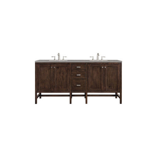 James Martin Addison 72" Double Mid Century Acacia Bathroom Vanity With 1" Gray Expo Quartz Top and Rectangular Ceramic Sink