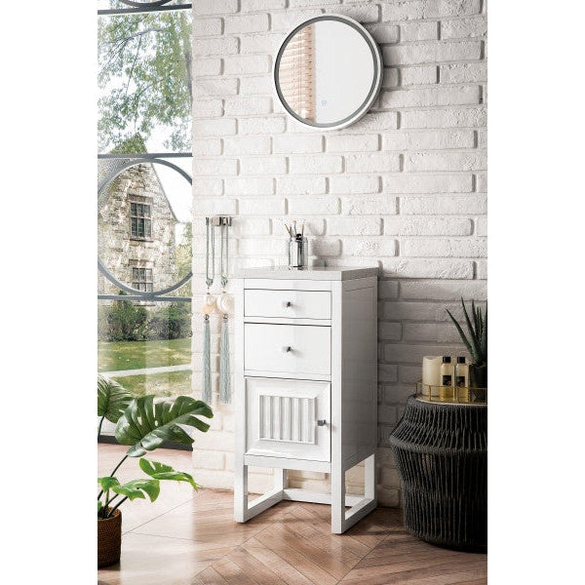 James Martin Athens 15" Left Side Opening Glossy White Side Side Cabinett With 1" Arctic Fall Solid Surface Top