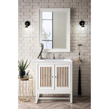 James Martin Athens 30" Single Glossy White Bathroom Vanity With 1" Arctic Fall Solid Surface Top and Rectangular Ceramic Sink