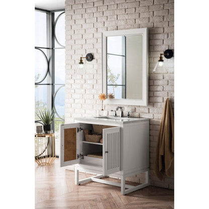 James Martin Athens 30" Single Glossy White Bathroom Vanity With 1" Carrara White Marble Top and Rectangular Ceramic Sink