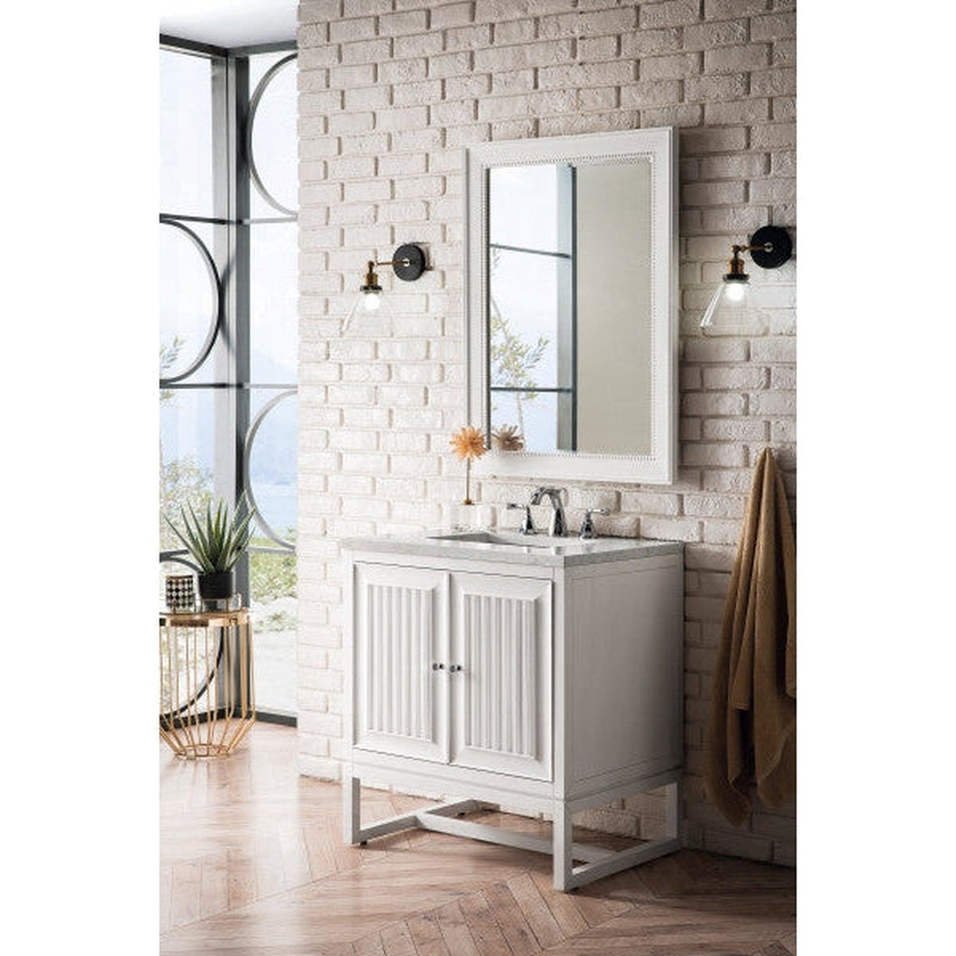 James Martin Athens 30" Single Glossy White Bathroom Vanity With 1" Carrara White Marble Top and Rectangular Ceramic Sink