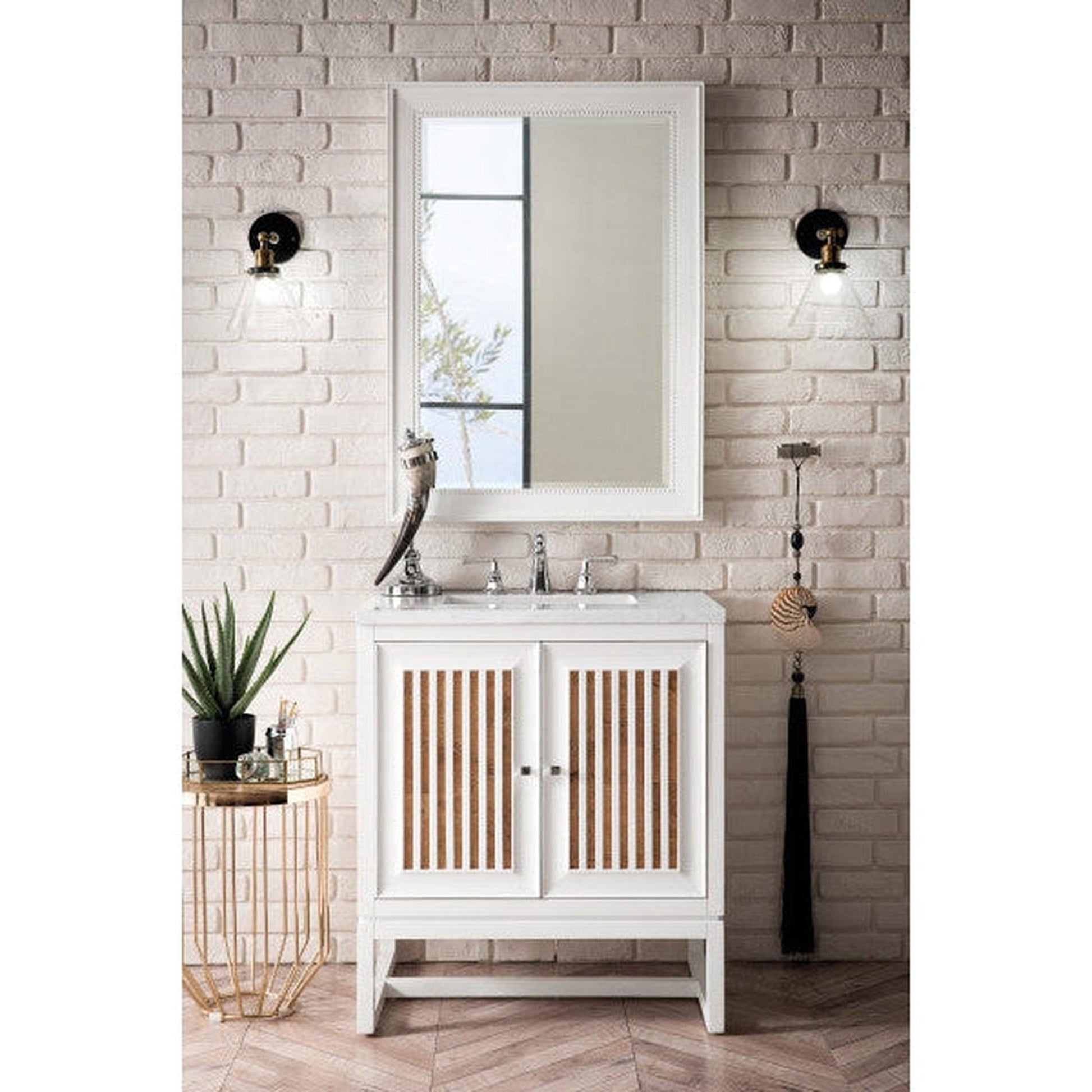 James Martin Athens 30" Single Glossy White Bathroom Vanity With 1" Carrara White Marble Top and Rectangular Ceramic Sink