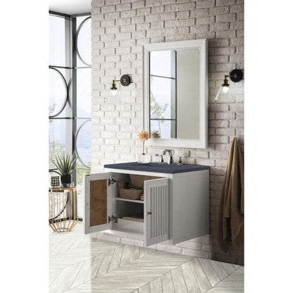 James Martin Athens 30" Single Glossy White Bathroom Vanity With 1" Charcoal Soapstone Quartz Top and Rectangular Ceramic Sink