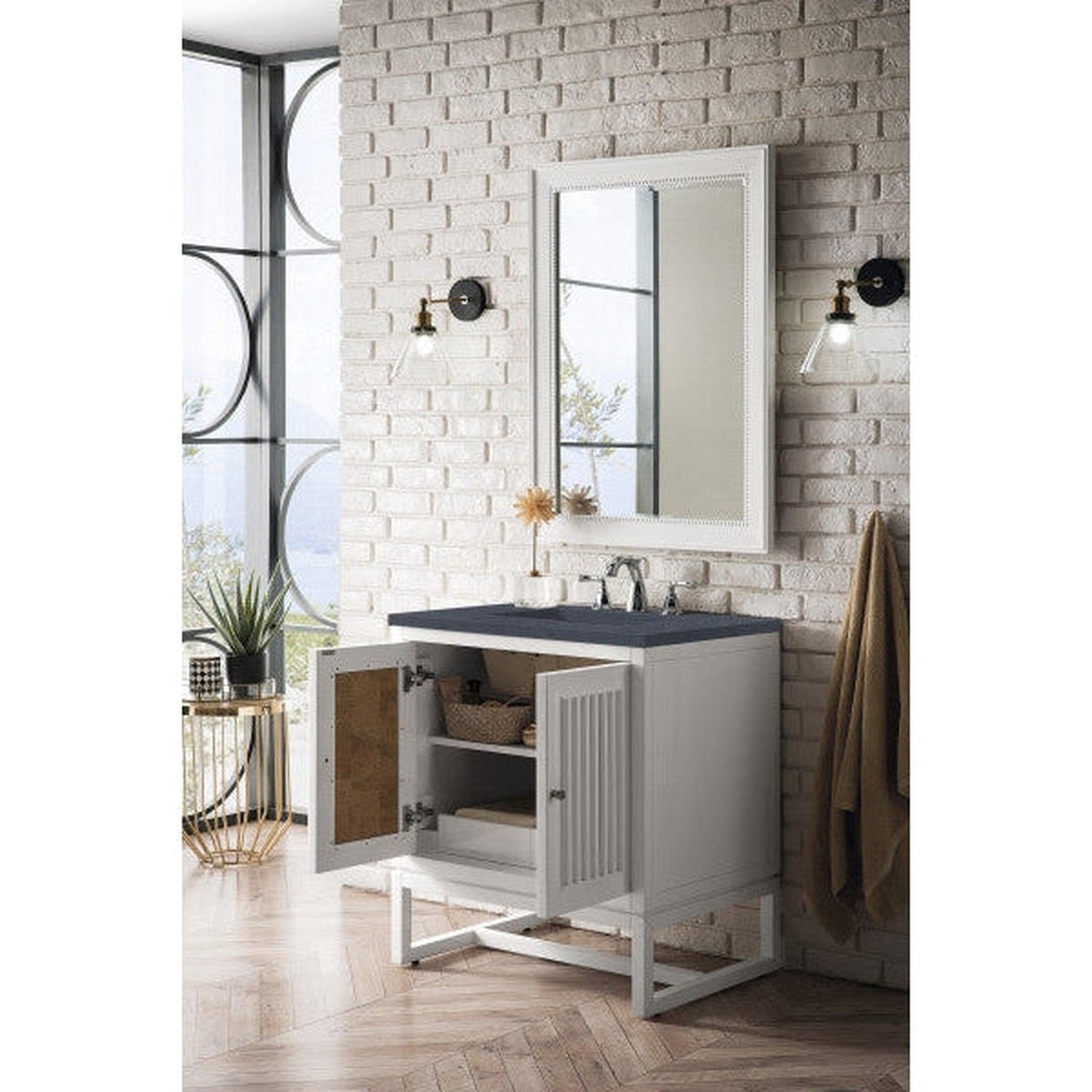 James Martin Athens 30" Single Glossy White Bathroom Vanity With 1" Charcoal Soapstone Quartz Top and Rectangular Ceramic Sink