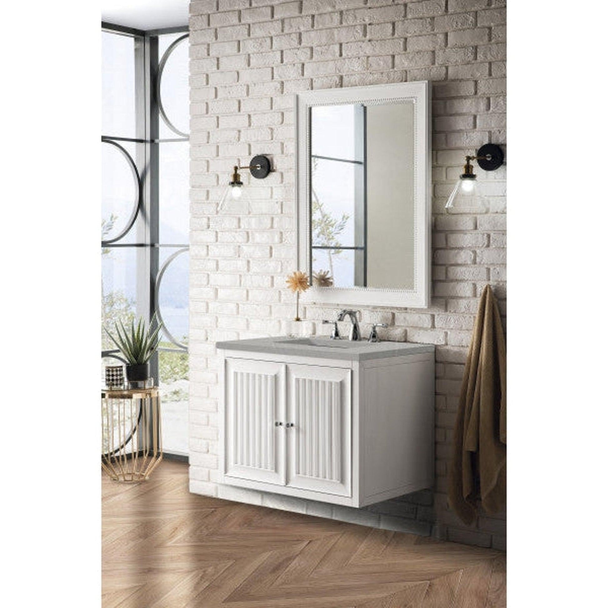 James Martin Athens 30" Single Glossy White Bathroom Vanity With 1" Eternal Serena Quartz Top and Rectangular Ceramic Sink