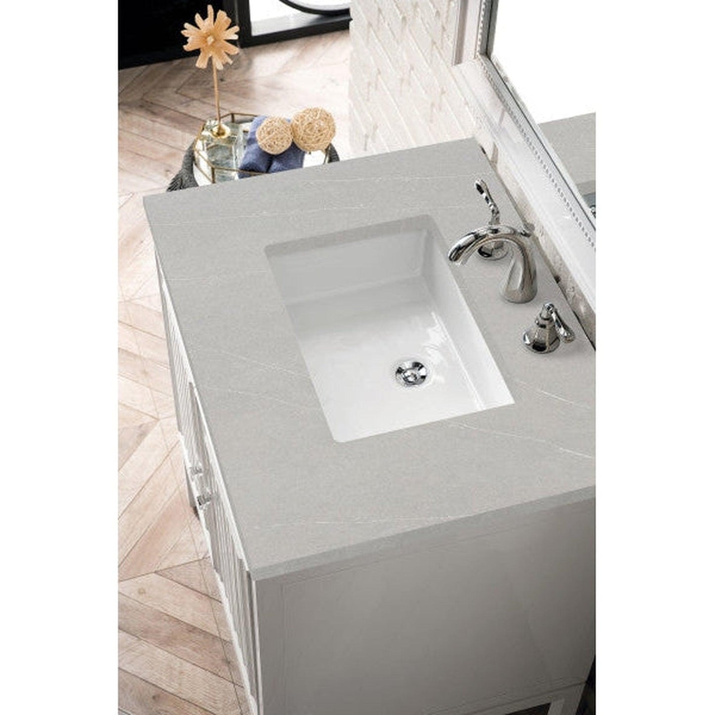 James Martin Athens 30" Single Glossy White Bathroom Vanity With 1" Eternal Serena Quartz Top and Rectangular Ceramic Sink